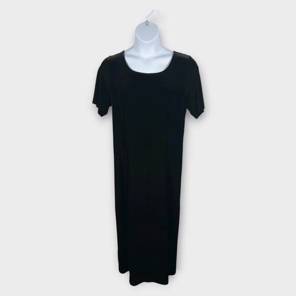 90s Black Maxi Velour Velvet Short Sleeve Back Slit Shift Dress XL - Picture 1 of 7